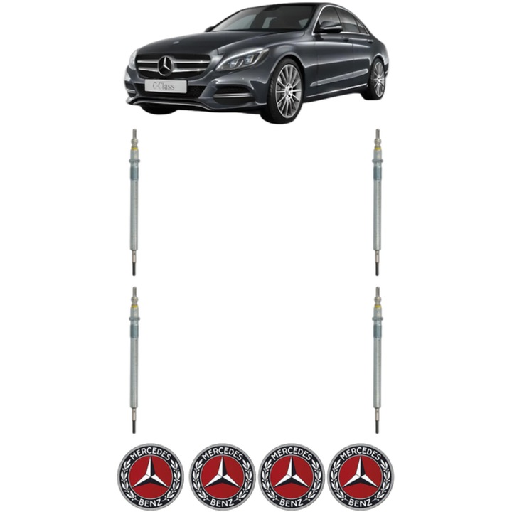 Set 4 Bujii Incandescente MERCEDES-BENZ C-CLASS (W205) C 200 d (205.001) CP 160 din 2018-2021, Bujie motor, Bosch, 4x Stickere auto cu MERCEDES-BENZ