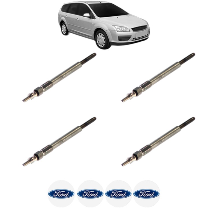 Set 4 Bujii Incandescente FORD FOCUS II Estate Van 1.6 TDCi CP 101 din 2004-2011, Bujie motor, Bosch, 4x Stickere auto cu FORD