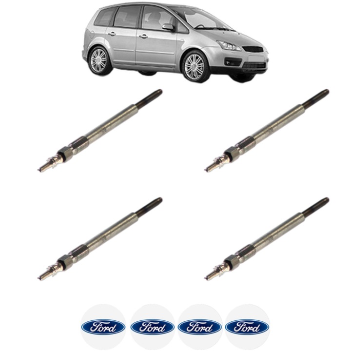 Set 4 Bujii Incandescente FORD FOCUS C-MAX (DM2) 1.6 TDCi CP 109 din 2003-2007, Bujie motor, Bosch, 4x Stickere auto cu FORD