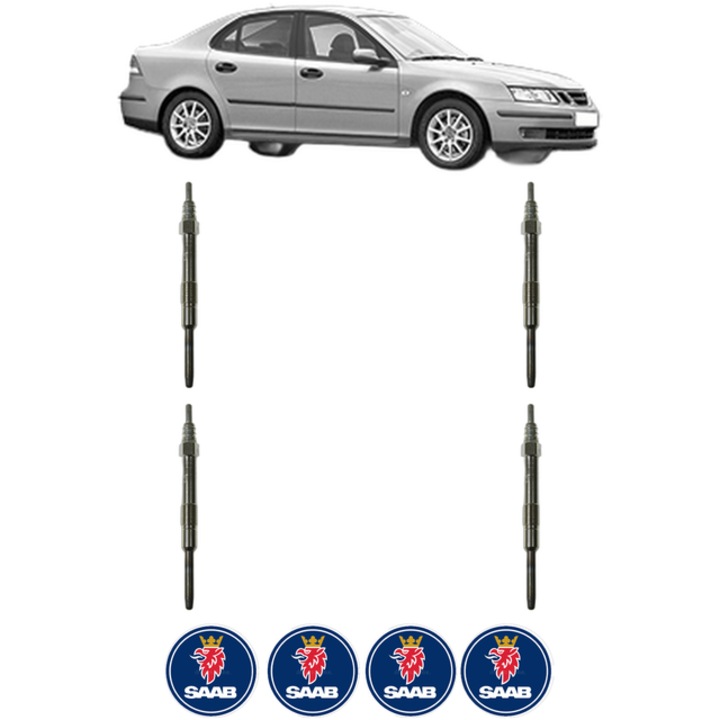 Set 4 Bujii Incandescente SAAB 9-3 (YS3F, E79, D79, D75) 1.9 TiD CP 120 din 2004-2015, Bujie motor, Bosch, 4x Stickere auto cu SAAB