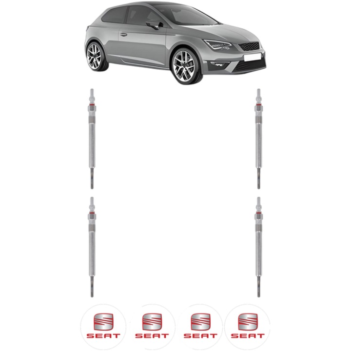 Set 4 Bujii Incandescente SEAT LEON SC (5F5) 1.6 TDI CP 110 din 2013-2016, Bujie motor, Bosch, 4x Stickere auto cu SEAT