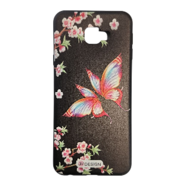 Husa compatibila cu Samsung Galaxy J4 + - 2018, Carcasa silicon in relief, Desen cu Fluture, Negru