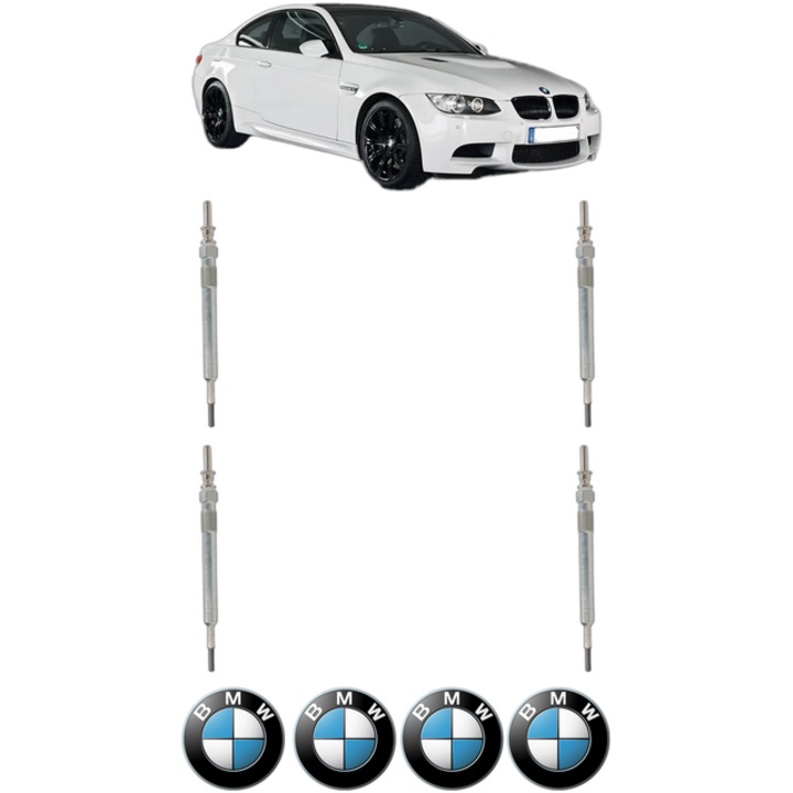 Set 4 Bujii Incandescente BMW Seria 3 Coupe (E92) 320 d CP 177 din 2006-2010, Bujie motor, Bosch, 4x Stickere auto cu BMW