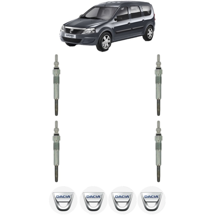 Set 4 Bujii Incandescente DACIA LOGAN MCV (KS_) 1.5 dCi CP 65 din 2008-2013, Bujie motor, Bosch, 4x Stickere auto cu DACIA