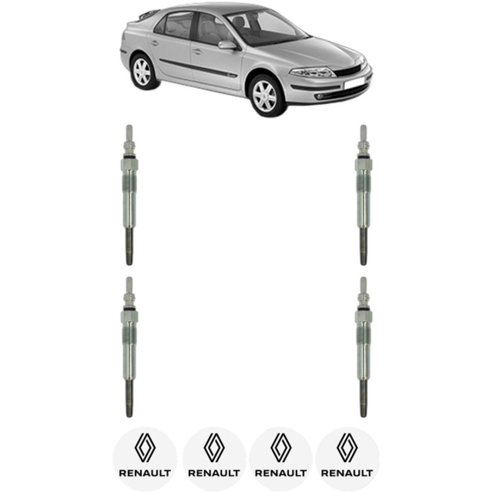 Set 4 Bujii Incandescente RENAULT LAGUNA II (BG0/1_) 1.9 dCi (BG0R, BG0E) CP 100 din 2001-2005, Bujie motor, Bosch, 4x Stickere auto cu RENAULT