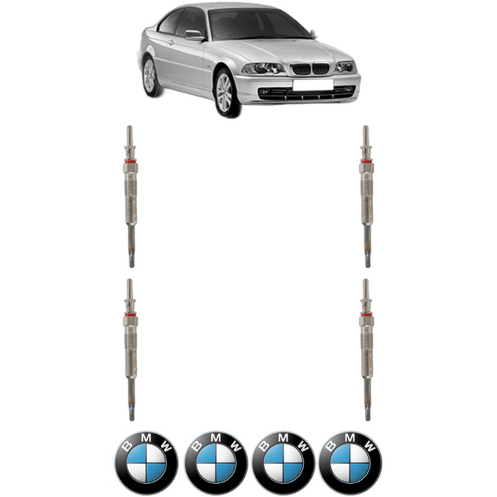 Set 4 Bujii Incandescente BMW Seria 3 (E46) 320 d CP 136 din 1998-2001, Bujie motor, Bosch, 4x Stickere auto cu BMW