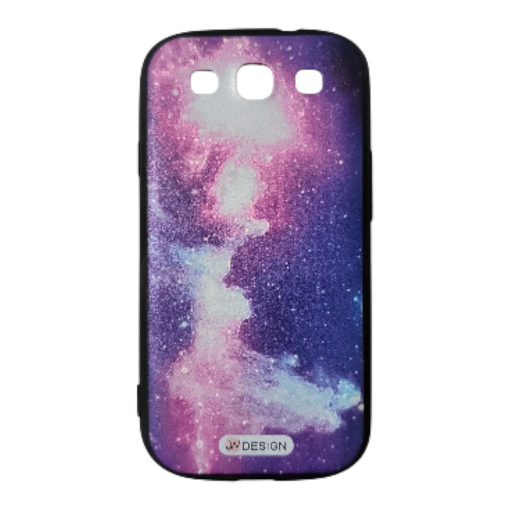 Husa compatibila cu Samsung Galaxy S3, Carcasa silicon in relief, Design Galaxie, Mov, Alb
