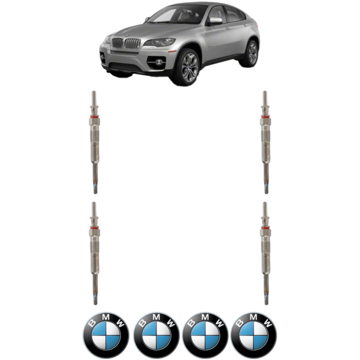 Set 4 Bujii Incandescente BMW Seria X6 (E71, E72) xDrive 30 d CP 245 din 2010-2014, Bujie motor, Bosch, 4x Stickere auto cu BMW