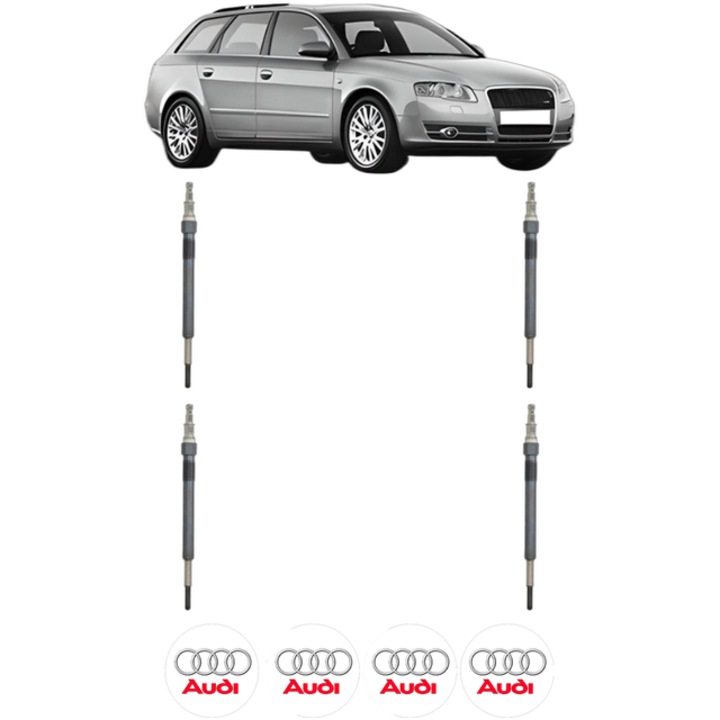 Set 4 Bujii Incandescente AUDI A4 B7 Avant (8ED) 2.0 TDI CP 163 din 2006-2008, Bujie motor, Bosch, 4x Stickere auto cu AUDI