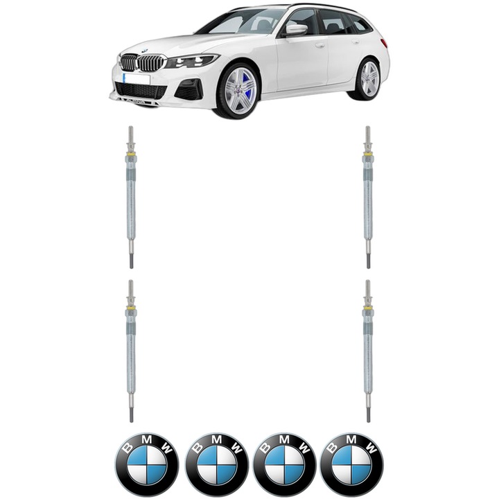 Set 4 Bujii Incandescente BMW Seria 3 Touring Van (G21) 320 d Mild-Hybrid xDrive CP 190 din 2020, Bujie motor, Bosch, 4x Stickere auto cu BMW