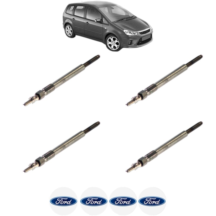 Set 4 Bujii Incandescente FORD C-MAX (DM2) 1.6 TDCi CP 101 din 2007-2010, Bujie motor, Bosch, 4x Stickere auto cu FORD