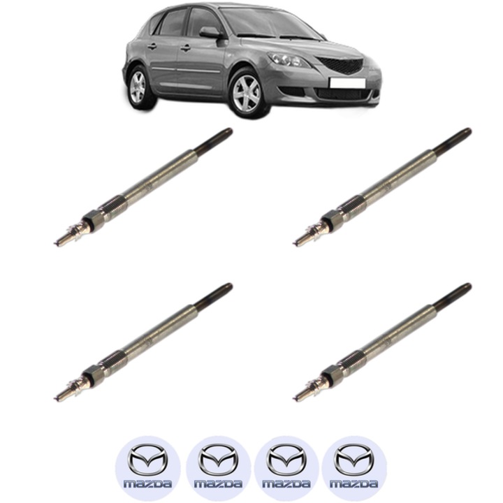 Set 4 Bujii Incandescente MAZDA 3 (BK) 1.6 DI Turbo CP 109 din 2004-2009, Bujie motor, Bosch, 4x Stickere auto cu MAZDA
