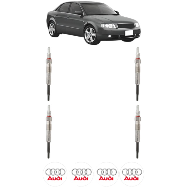 Set 4 Bujii Incandescente AUDI A4 B6 (8E2) 1.9 TDI CP 116 din 2004-2004, Bujie motor, Bosch, 4x Stickere auto cu AUDI