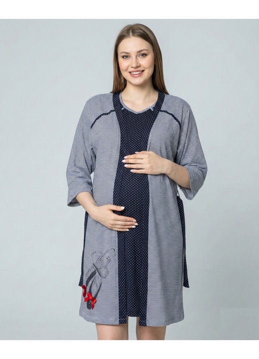 Set Pijama Gravide si Alaptare 2 Piese din Bumbac - Camasa de Noapte cu Buline si Halat in Dungi 606 14064, Bleumarin