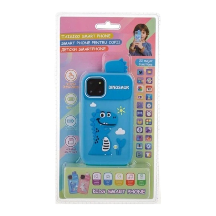 Smartphone pentru copii, HOCO, 2.8", husa bleu dinozaur, 14x2x7 cm