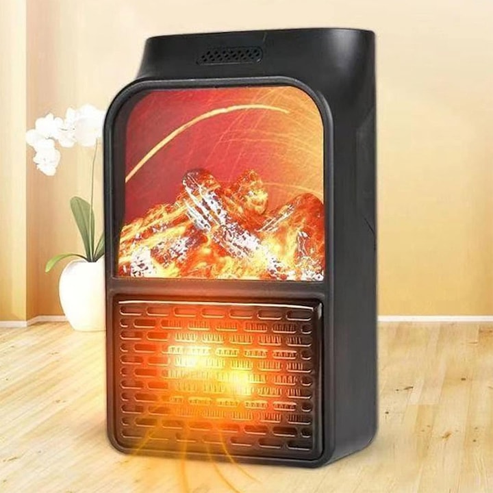 Mini semineu electric Fugo® decorativ si incalzitor cu efect de flacara LED realist, compact si portabil, incalzire eficienta pentru camere mici, termostat reglabil, design elegant, perfect pentru living, dormitor sau birou