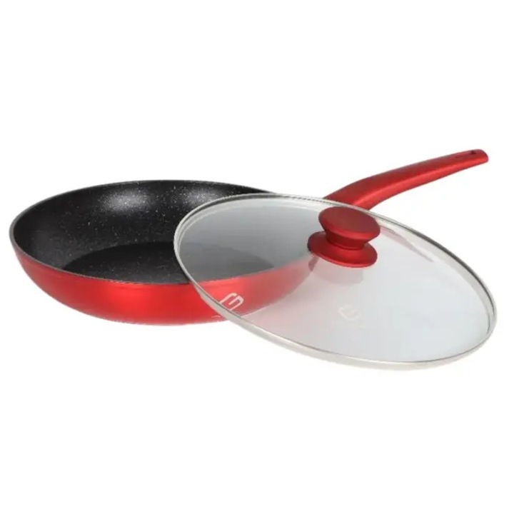 Алуминиев тиган със стъклен капак, незалепващо вътрешно покритие, метална основа за индукционен котлон, Диаметър 24 см, Grunberg, GR7324