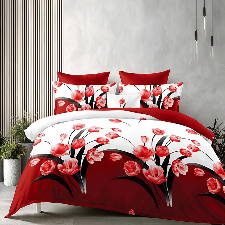 EmonaMall S17605 ágyneműgarnitúra, kétoldalas, 4 párnahuzat, 6 részes, fehér/piros