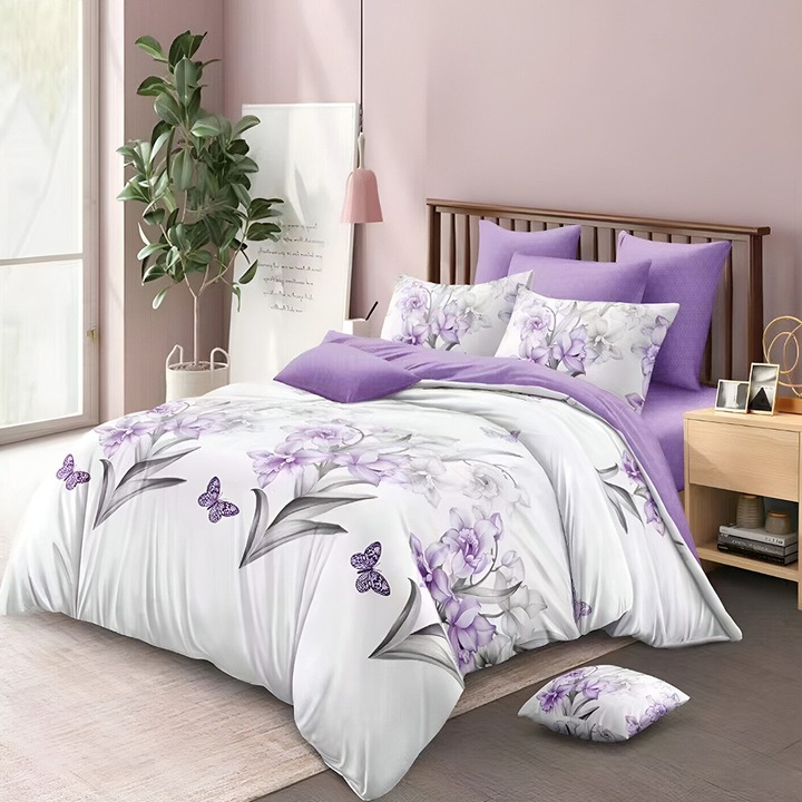 EmonaMall S18475 ágynemű, kétoldalas, 4 párnahuzat, 6 részes, fehér/lila