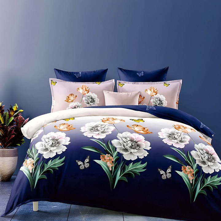 Спално бельо EmonaMall S18829, Двулицево, 4 калъфки, 6 части, Тъмносин/Светлосив