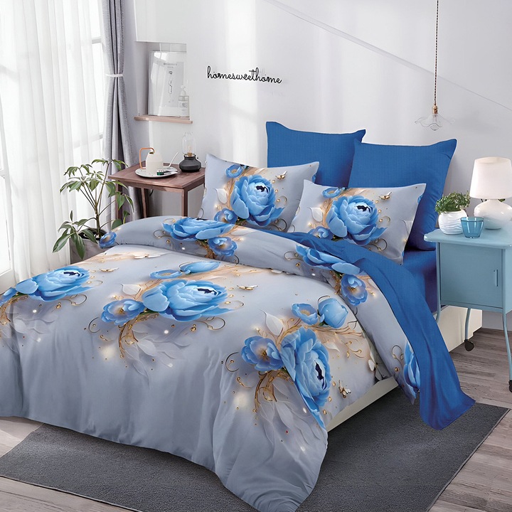 Ágynemű EmonaMall S18928, Kétoldalas, 4 párnahuzat, 6 részes, Szürke/Kék