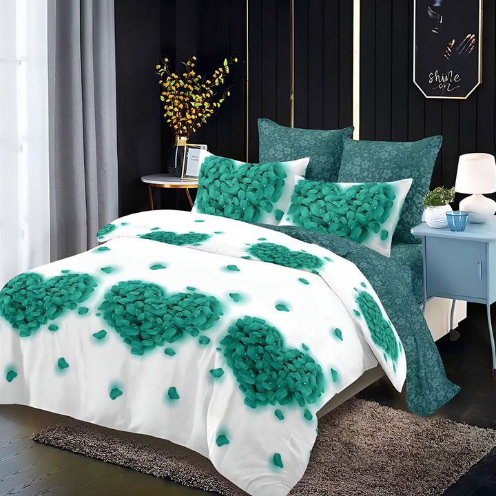 EmonaMall S18927 ágynemű, kétoldalas, 4 párnahuzat, 6 részes, fehér/türkiz