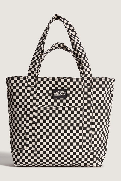 Vans, Geanta tote din bumbac cu model in carouri Tell All, Alb fildes, Negru