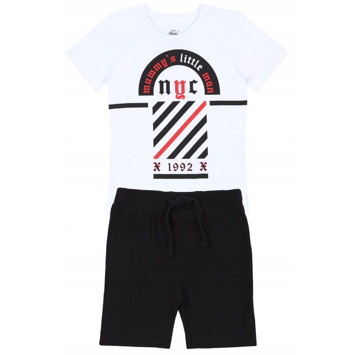 Set Imbracaminte Bebelusi Mini REBEL Tricou Alb Maneca Scurta si Pantaloni Scurti Negri, 18-24 Luni, 92 cm