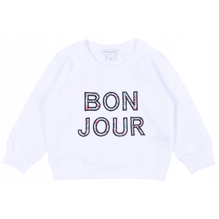 Bluza Fete Primark Bonjour, Alb, Maneca Lunga, Decolteu Rotund, 6-7 Ani (122 cm)