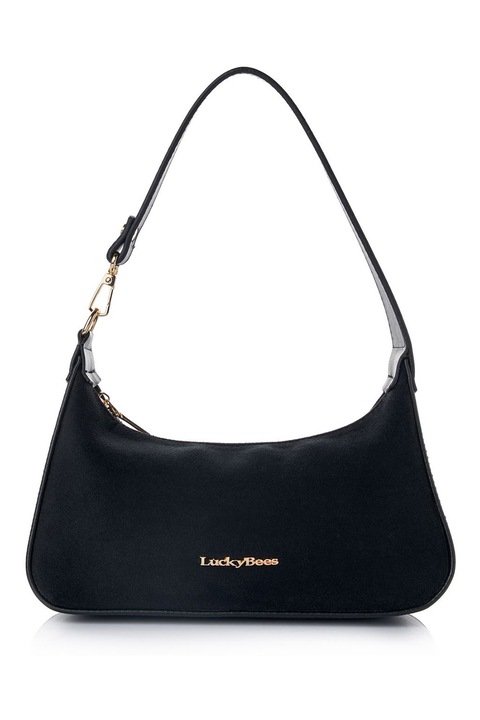 Lucky Bees, Válltáska fémlogós rátéttel, Koptatott fekete, 12.5 x 27 x 6.5