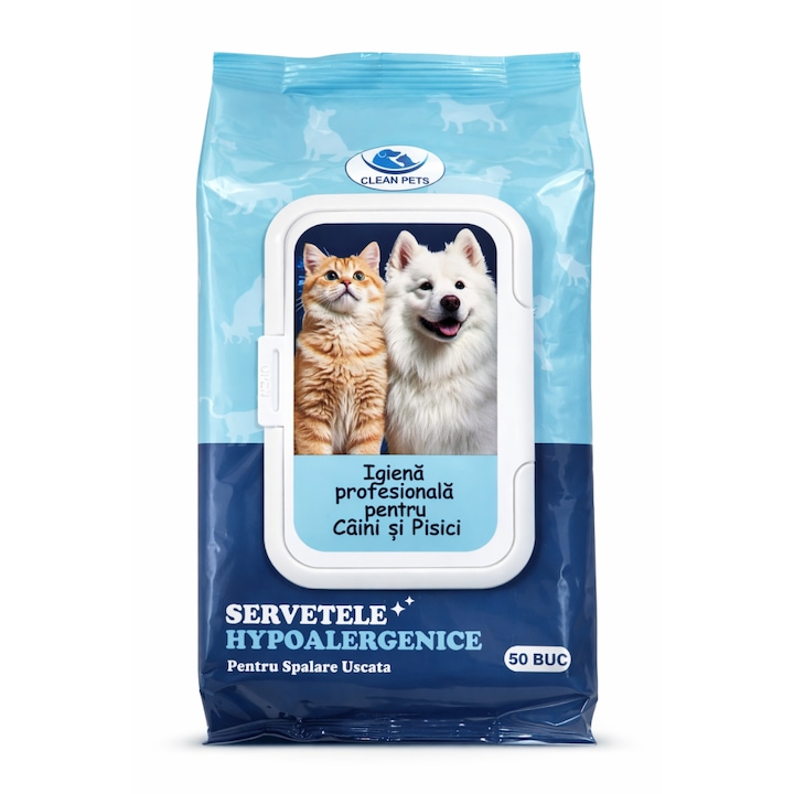 Servetele umede Clean Pets, Hipoalergenice, pentru caini si pisici, 50 buc
