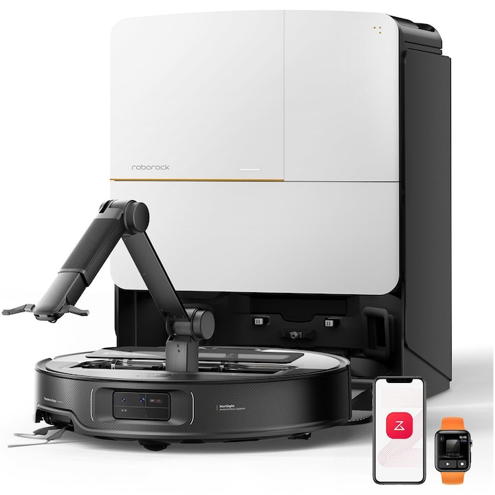 Robot de aspirare Roborock Saros Z70 SZ7002-00, Ultra Slim 7.98 cm, 22.000 Pa HyperForce Suction, brat robotic inteligent OmniGrip, Auto detergent, Auto Mop Removal, navigatie AI, control vocal Alexa/Siri/Google, argintiu