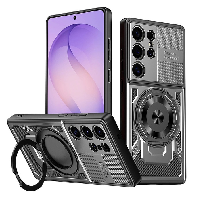 Калъф за Samsung Galaxy S26 Ultra TitanX HaloStand Pro, съвместим с MagSafe, с въртящ се магнитен пръстен на 360° и стойка, карбонова текстура, защита на обектива - сив