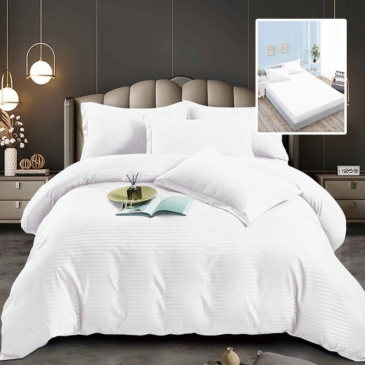 Lenjerie de pat damasc, Ralex Pucioasa, 6 piese, policoton, multicolor, husa universala 160x200x24cm si 180x200x24cm, cearsaf 200x230cm, 4 fete perna 70x70cm si 50x70cm