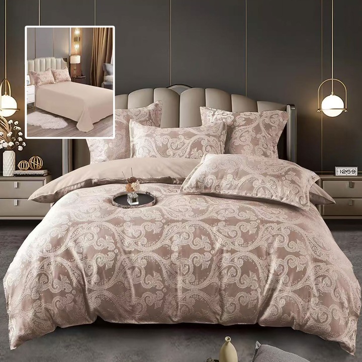 Lenjerie pat Ralex Pucioasa, jacquard policoton, 70% bumbac, 30% poliester, multicolor, 6 piese