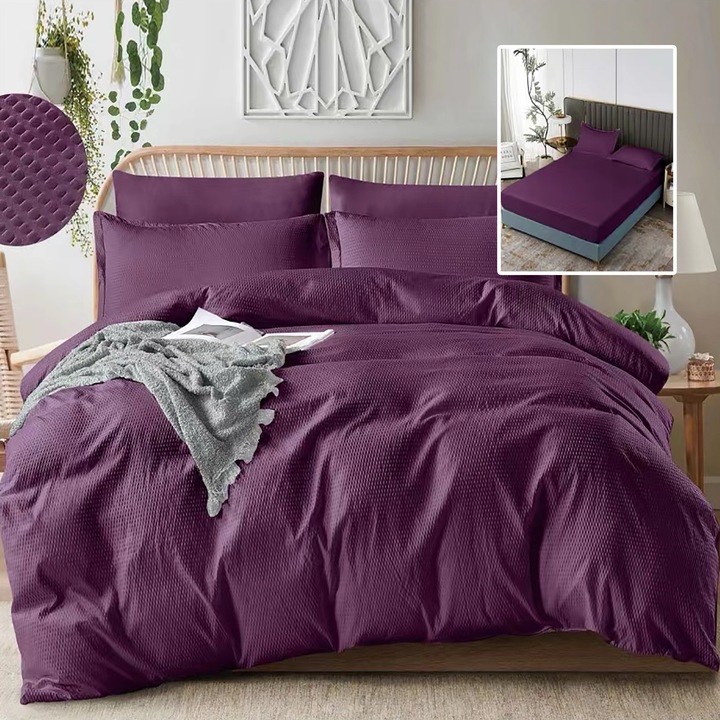 Lenjerie de pat creponată uni Ralex Pucioasa, set 6 piese, mov, 230x250cm, 200x230cm, 2buc 50x70cm, 2buc 70x70cm