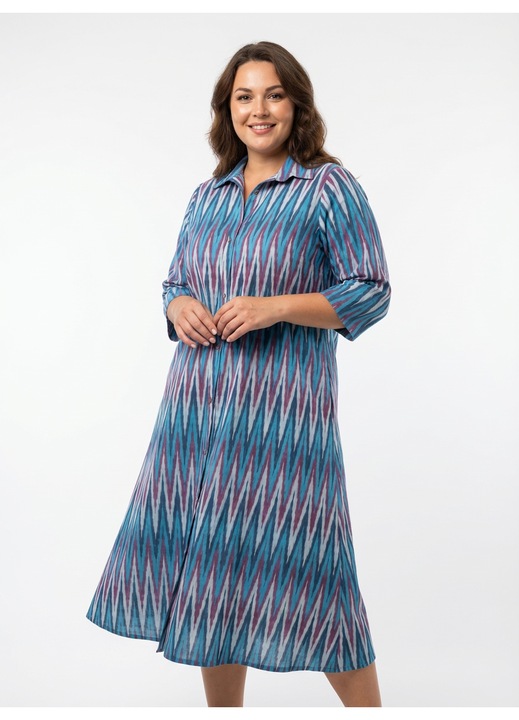 Rochie tip camasa din bumbac Ikat, albastru multicolor, marime XXL