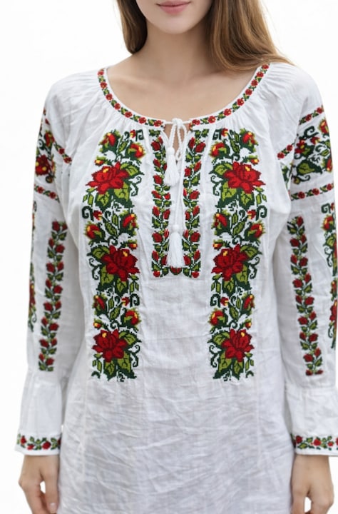 Ie traditionala romaneasca din bumbac flori, Rosu/Alb/Verde