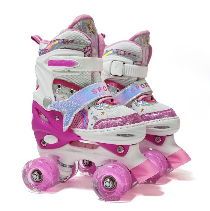 Role reglabile copii, GHEMOTOC®, 4 roti luminoase din silicon, rulmenti ABEC-7, marimea S 30-33, model Sirena- roz