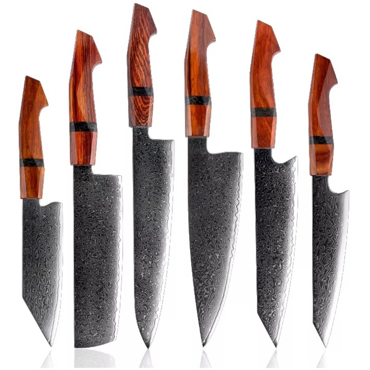 Комплект кухненски ножове дамаски KI-35078 - 6 броя / Кафяв