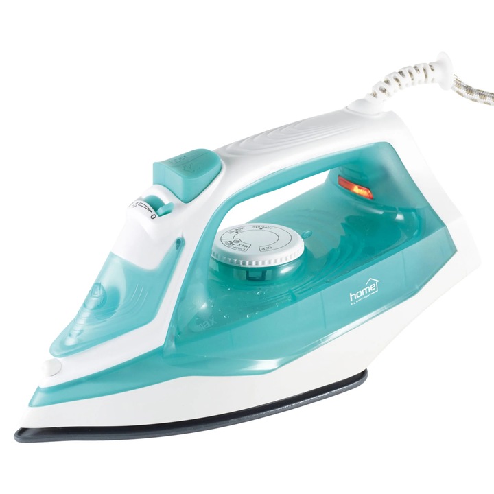Fier de calcat Home HG V 22, 2200 W, talpa ceramica, 0.16 litri, functie de auto-curatare, functie de aburi si jet de aburi vertical, functie de pulverizare cu apa, alb cu turcoaz