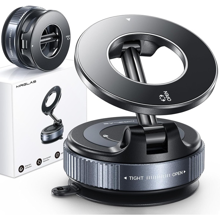 MRGLAS Mágneses Autós Telefontartó, Tapadókorongos Rögzítés, 17 kg Teherbírás, N55 Mágnesek, 360°-os Forgatás, MagSafe Kompatibilis