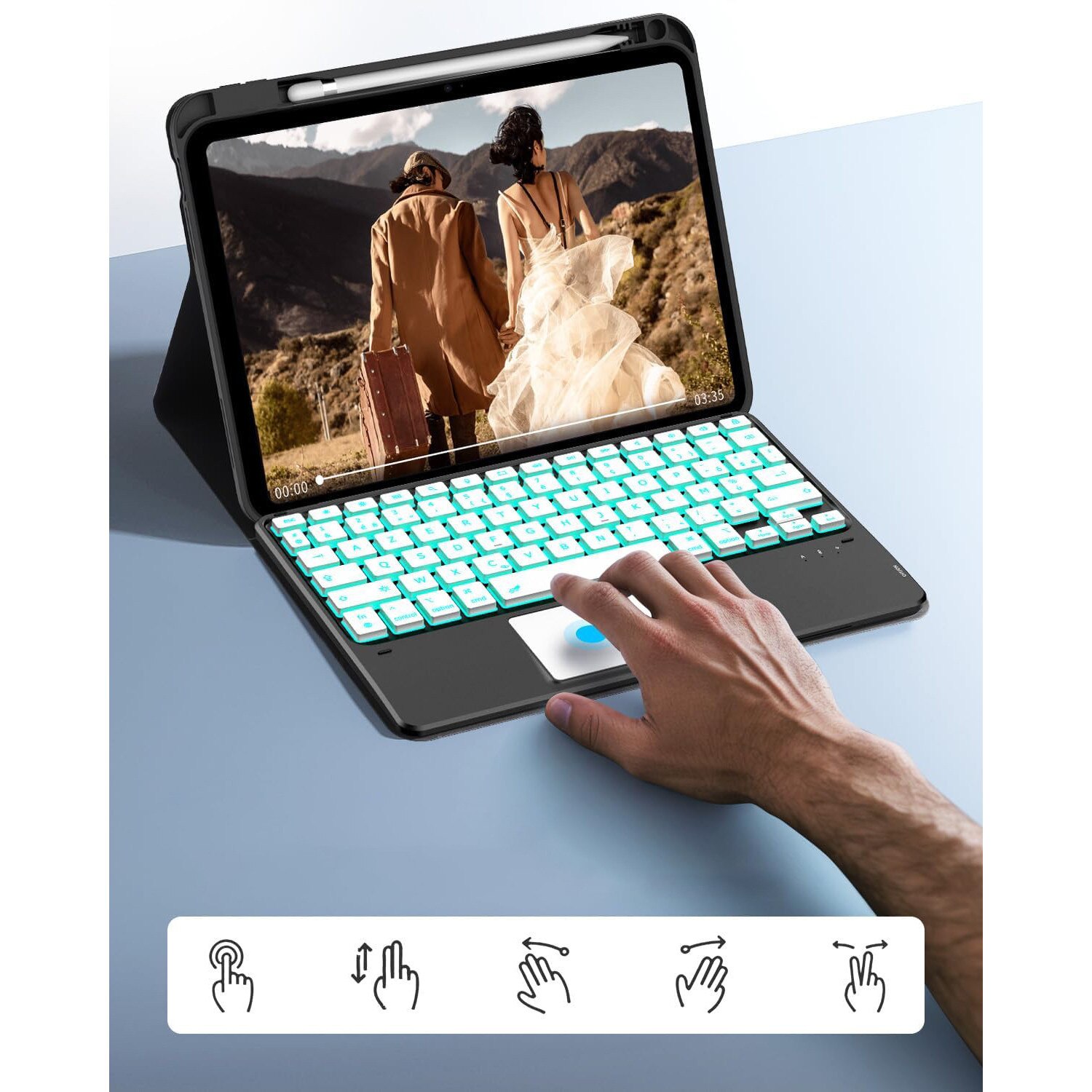 Husa tableta cu tastatura si touchpad pentru iPad 10 10.9" 2022, iluminare in 7 culori, design magnetic, suport pentru stylus