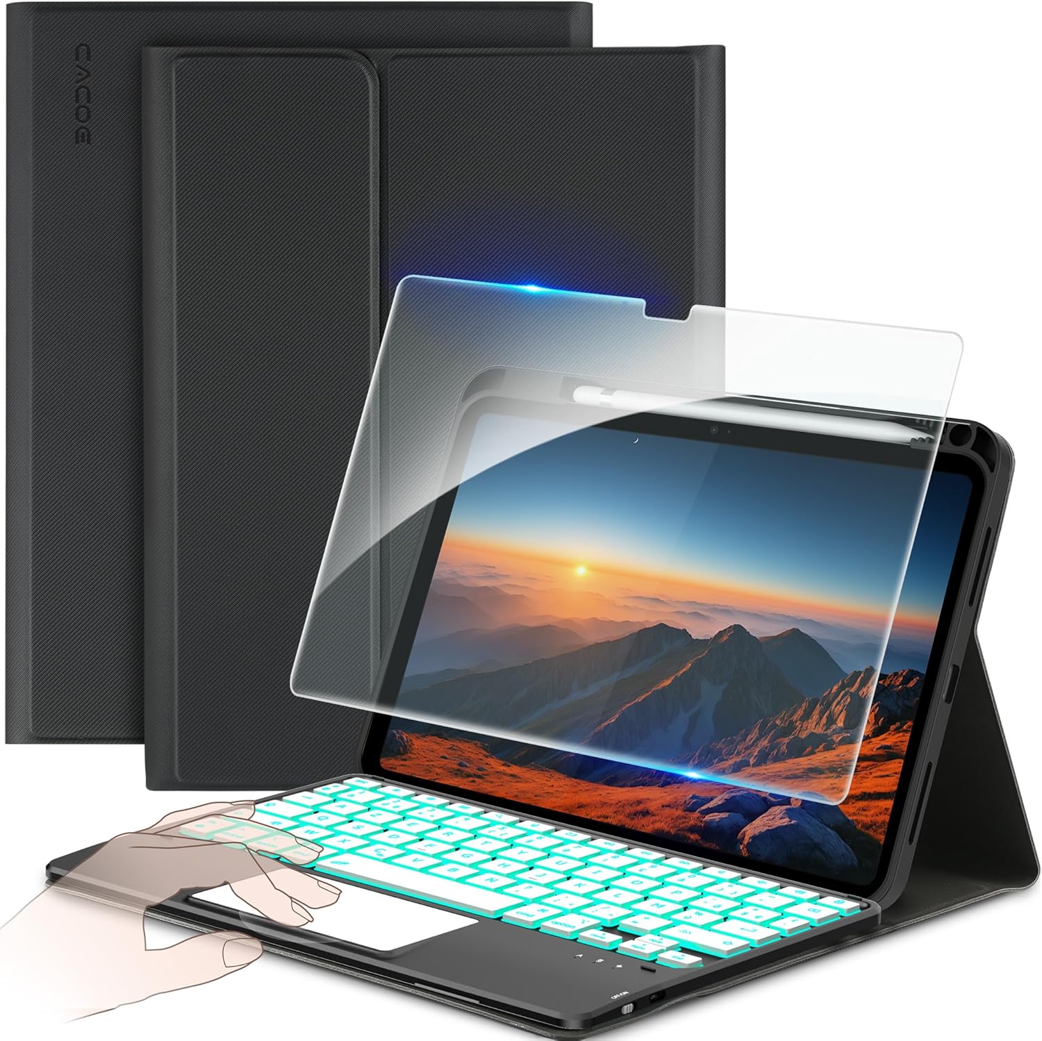 Husa tableta cu tastatura si touchpad pentru iPad 10 10.9" 2022, iluminare in 7 culori, design magnetic, suport pentru stylus