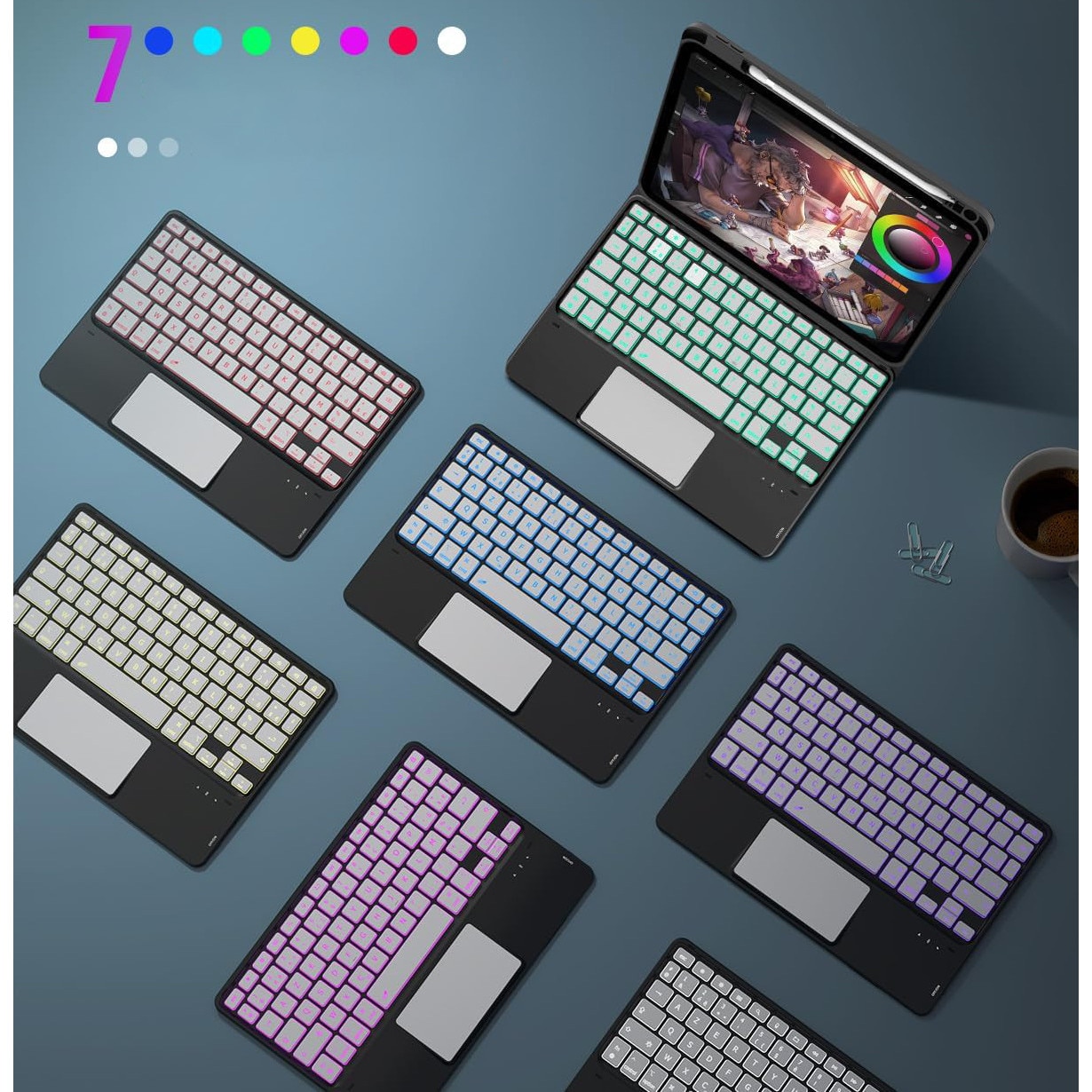 Husa tableta cu tastatura si touchpad pentru iPad 10 10.9" 2022, iluminare in 7 culori, design magnetic, suport pentru stylus
