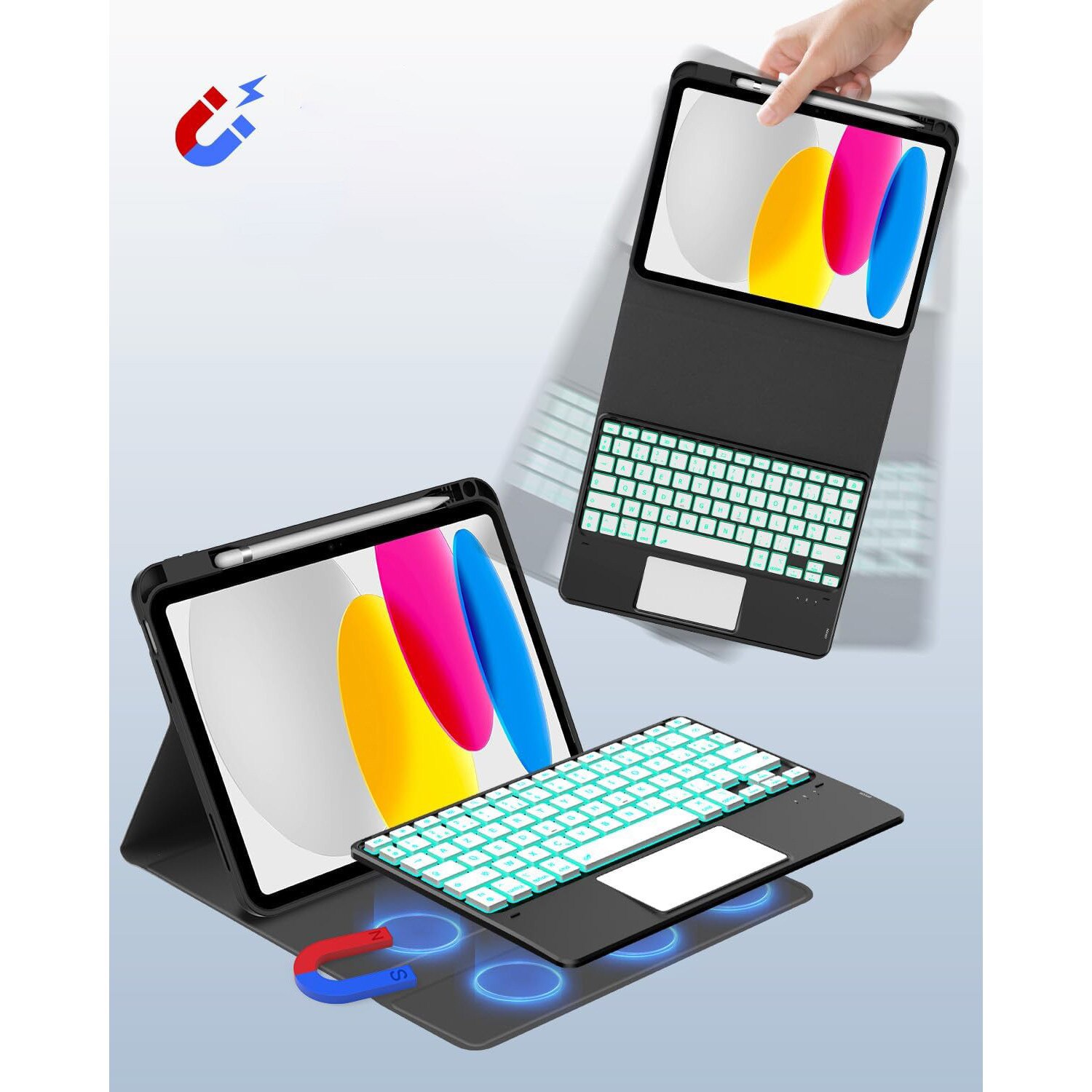 Husa tableta cu tastatura si touchpad pentru iPad 10 10.9" 2022, iluminare in 7 culori, design magnetic, suport pentru stylus