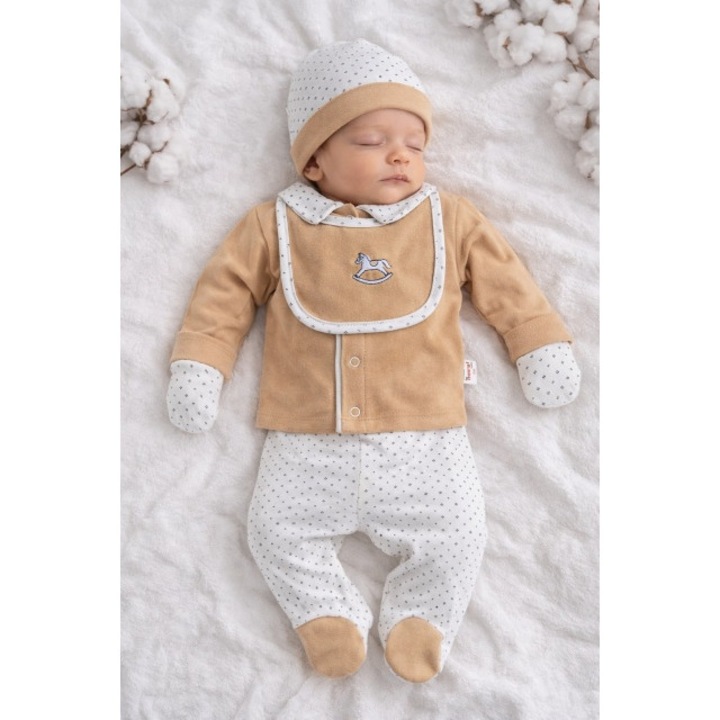 Set nou-nascut baiat 5 piese, bluza eleganta, pantaloni, caciulita, baveta, multicolor, 50 CM
