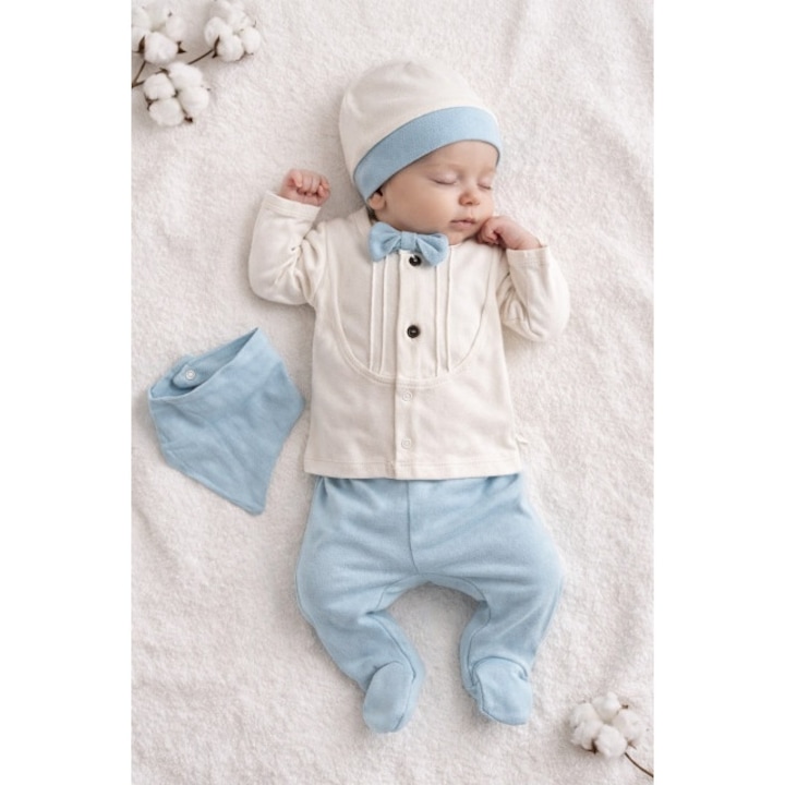 Set nou-nascut baiat 5 piese, alb si verde menta, bumbac, 56-62 cm