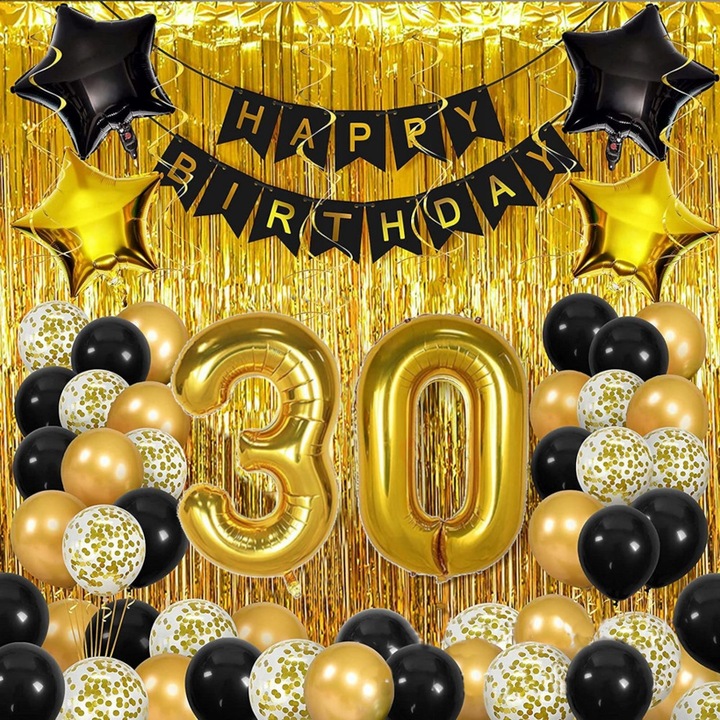 Set Baloane, SNM, Decoratiuni Aniversare 30 Ani, Set 45 Piese Cu Perdea Aurie Si Panou Foto, Stil Elegant, Include Cifre Mari, Stele Si Confetti, Ideale Pentru Petrecere, Dimensiuni 80-200 cm, Negru Si Auriu
