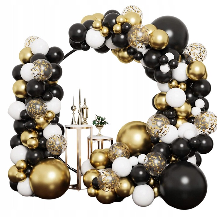 Girlanda Baloane, SNM, Set 116 Piese Pentru Arcada Si Decoratiuni Party, Ideala Pentru Nunta Revelion Si Aniversari, Include Baloane Cu Confetti Si Banda De Montaj, Stil Elegant Si Rafinat, Dimensiuni 12-45 cm, Negru Si Auriu